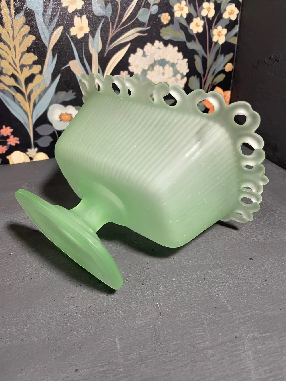 Frosted Sea Green Pedestal Compote Candy Dish MCM Vintage